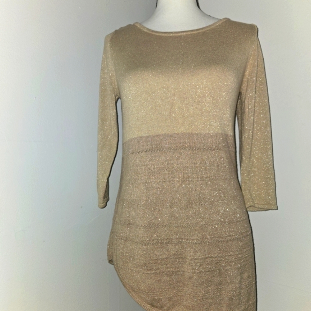 White House Black Market Cream Shimmering Asymmetrical 3/4 Sleeve Tunic